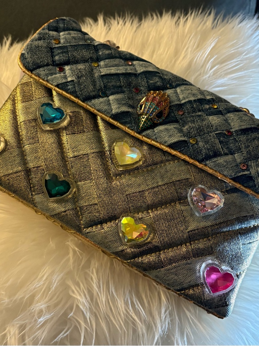 Kurt Geiger Metallic Gray Quilted Crossbody with Multicolor Heart Gems